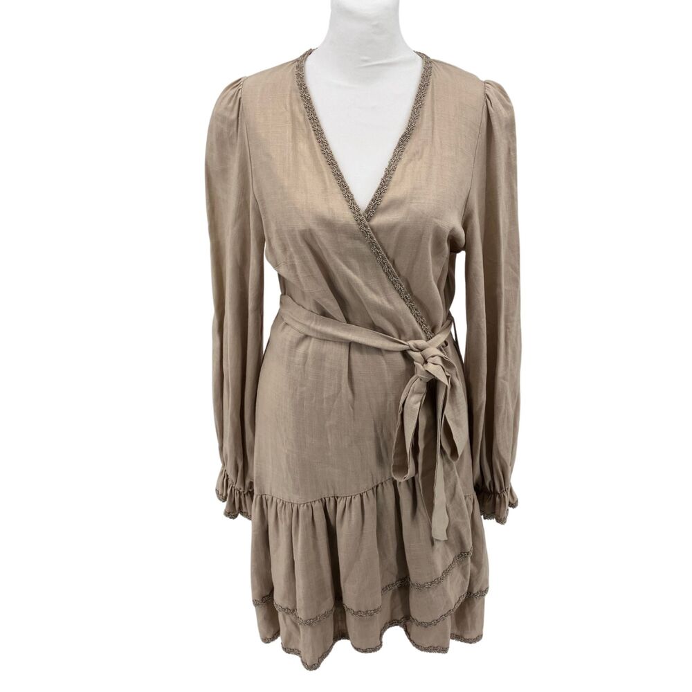 Menti Neutral Linen Blend Wrap Dress sz S Made in Greece Balloon Sleeves Ruffles